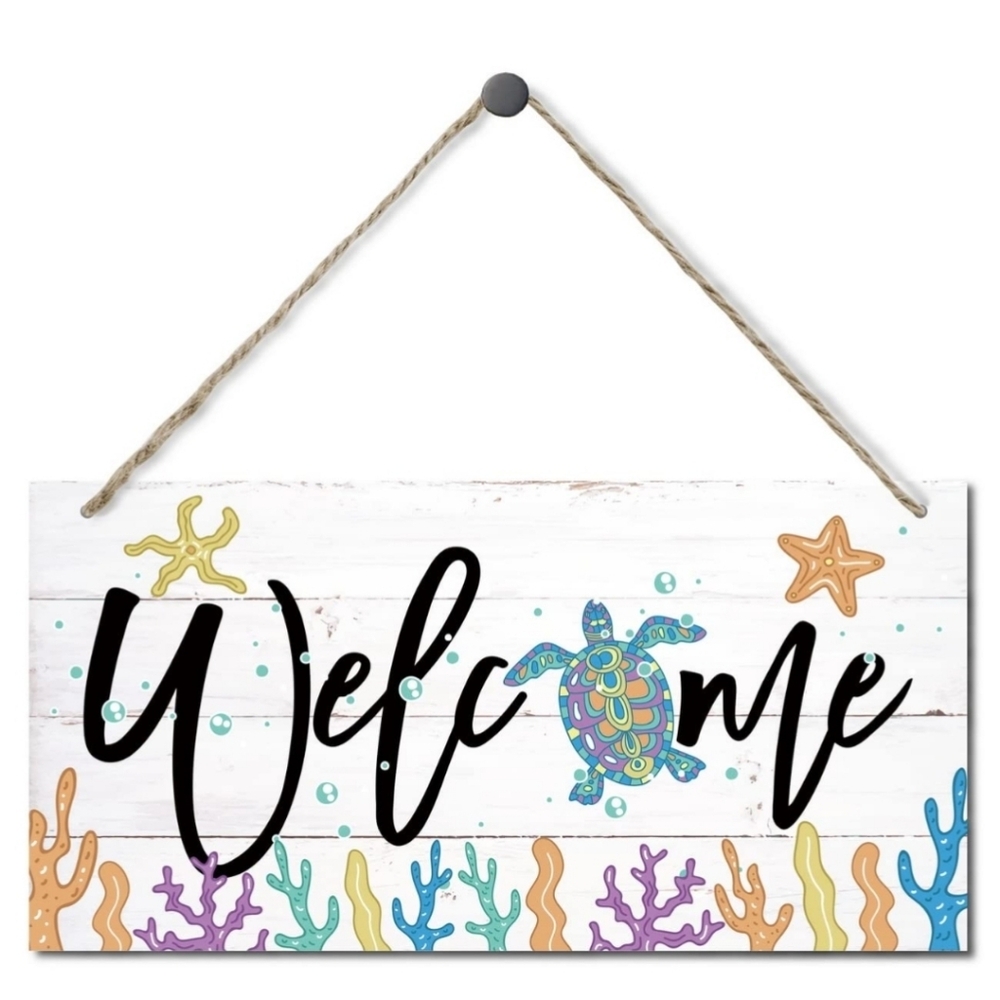 Turtle Welcome Decor Hanging Sign,  Home Decorative, Printed Wood Wall Art 2 Pcs